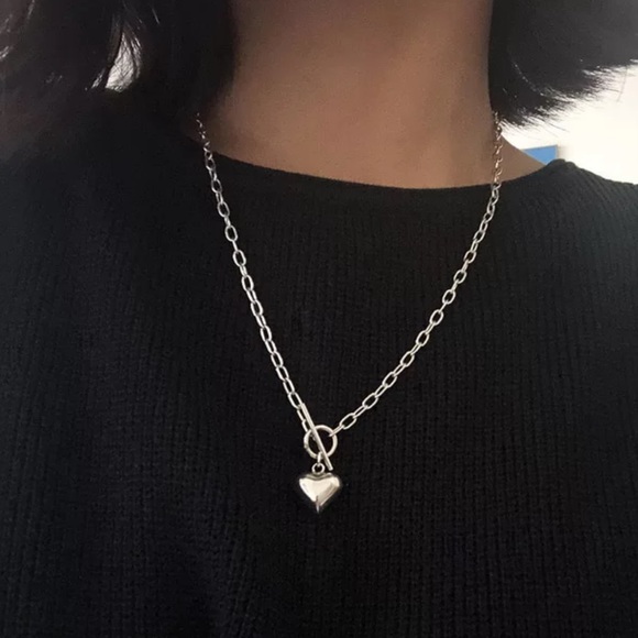 925 Sterling Sliver Chunky Toggle Heart Necklace - Picture 2 of 7